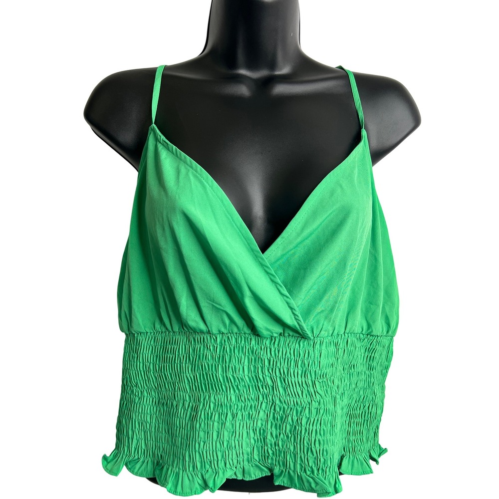 Vero‎ Moda Green Cami Top XL Sleeveless Blouse Smocked Waist Trendy Casual